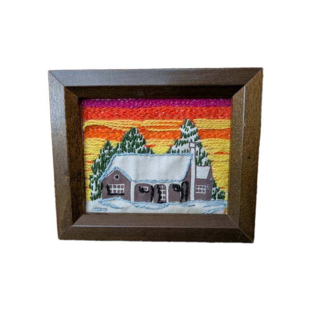 VTG Framed Mini Crewel Embroidery Yarn Art Winter Cabin Sunset Landscape 5x6